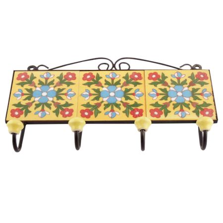 Mustard And Turquoise Tiny Flower Ceramic Tiles Hooks